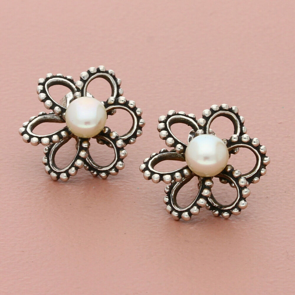 honora sterling silver beaded detail pearl flower post earrings
